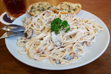 Homemade gourmet carbonara spaghetti.