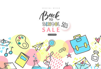 Back to school Sale banner. Hand drawn school supplies on white background.Vector illustration.