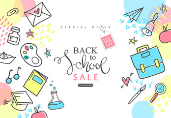 Back to school Sale banner. Hand drawn school supplies on white background.Vector illustration.