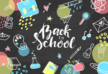 Back to school. Hand drawn school supplies on black background.Vector illustration