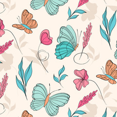 Surface pattern with beautiful butterflies and flowers. Botanical gift wrap. Macro nature tropical cover print. Nature sketch in pastel colors for textile, cloth, covers 