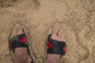 high angle view of man's feet with sandals on a sandy wet beach