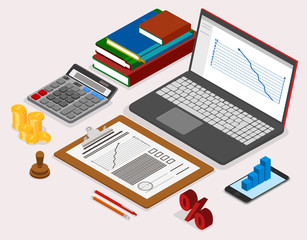 Office workplace with laptop and stationery. Isometric illustration.
