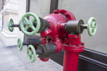 Red complex fire hydrant with 5 light green  valves
