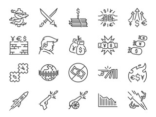 Trade wars icon set. Included icons as currency war, Economic sanctions, tax, tariffs, wall, crisis and more.