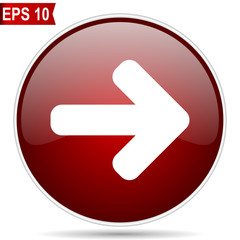 Right arrow cherry red glossy round web vector icon. Editable simple circle modern design internet button on white background.