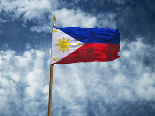 Philippines flag Silk waving flag of Philippines made transparent fabric with wooden flagpole gold spear on background blue sky white smoke clouds real retro photo Countries of world 3d illustration