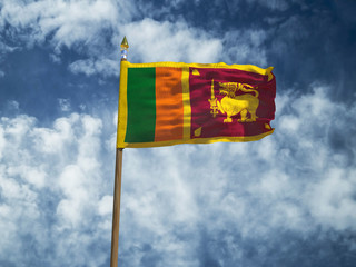 Sri Lanka flag Silk waving flag of Sri Lanka made transparent fabric with wooden flagpole gold spear on background sunny blue sky white smoke clouds real retro photo Countries of world 3d illustration