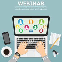 Webinar flat design concept illustration. Man hands typing on the laptop and social icons on screen.