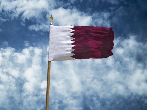 Qatar flag Silk waving flag of Qatar made transparent fabric with wooden flagpole gold spear on background sunny blue sky white smoke clouds real retro photo Countries of world 3d illustration