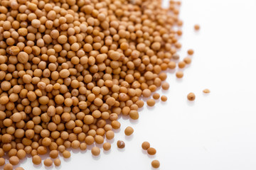 fragrant grains of mustard on a white background