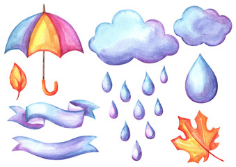Set of aquarelle umbrella, clouds and rain.