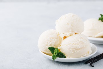 Vanilla ice cream with mint leaves