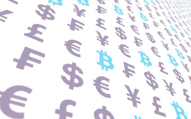 Bitcoin and currency on a white background. Digital Cryptocurrency symbol. Business concept. Market Display. 3D illustration