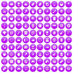 100 delicious dishes icons set in purple circle isolated on white vector illustration