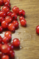 Photo of red currant on wooden table