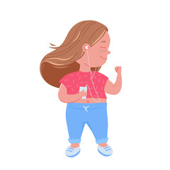 Cute child girl listen to music. Happy dancing with mp3 player. 