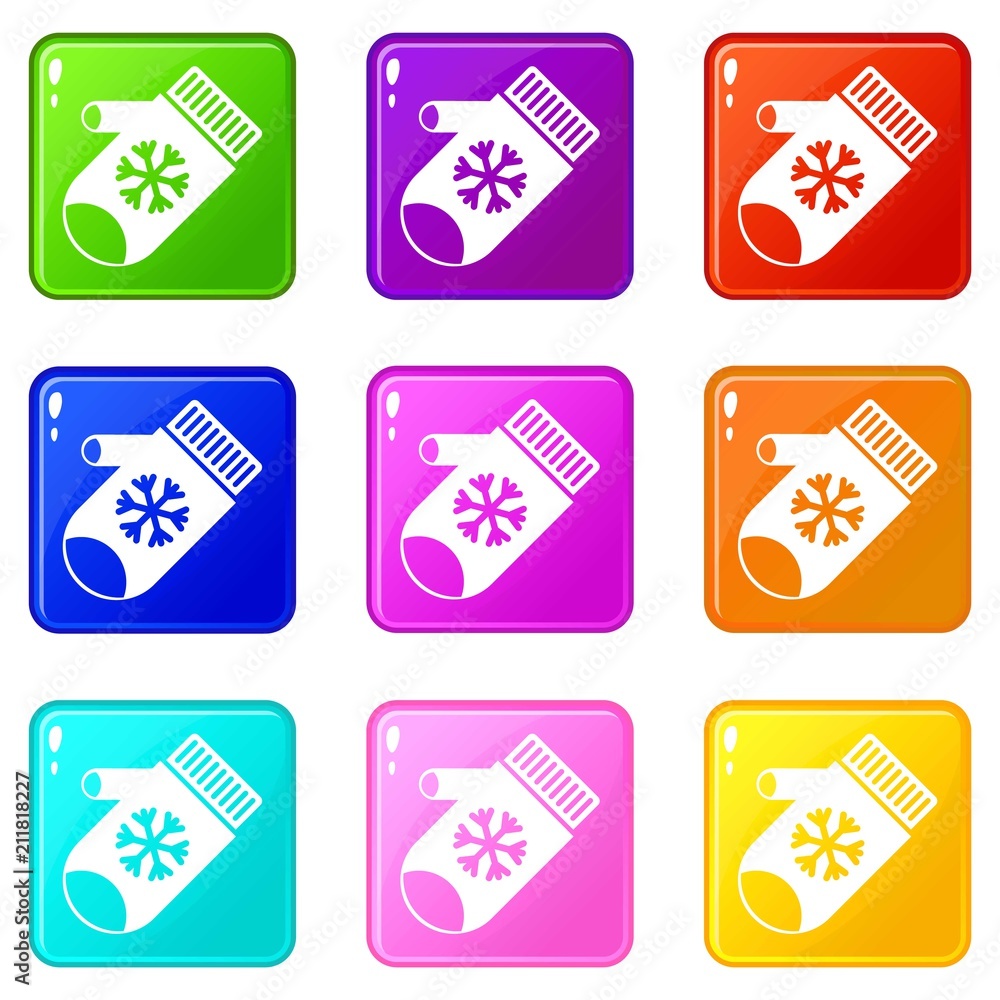Poster mitten with snowflake icons of 9 color set isolated vector illustration