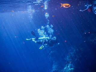 Practicing diving and snorkeling, mysterious lagoon, beautiful lagoon of transparent turquoise blue...