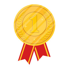 Vector illustration. Gold medal with a red ribbon.