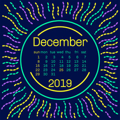 2019. December Calendar page in memphis style poster for concept typography design, flat color. Week starts on Sunday