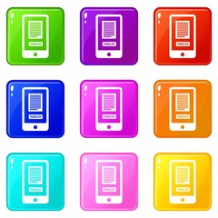 Translate application on a smartphone icons of 9 color set isolated vector illustration