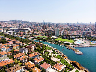 Obraz premium Istanbul, Turkey - February 23, 2018: Aerial Drone View Kadikoy Moda Kurbagalidere with Fenerbahce Stadium Sukru Saracoglu in Istanbul