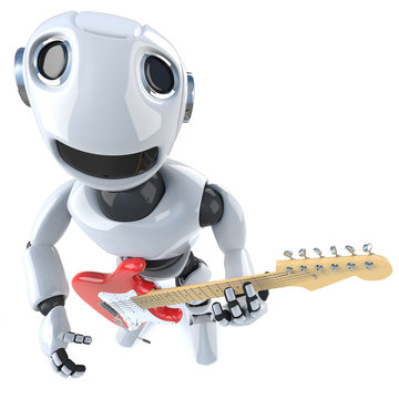 3d Funny cartoon robot character playing an electric guitar