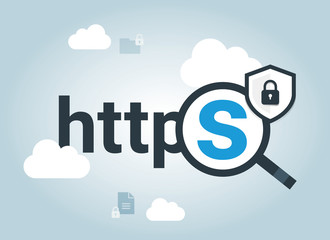 Vector illustration owith secured https web address text under a magnifying glass on screen. Idea - Internet security, anonymity, shopping personal information data protection etc.