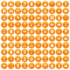 100 box icons set in orange circle isolated vector illustration