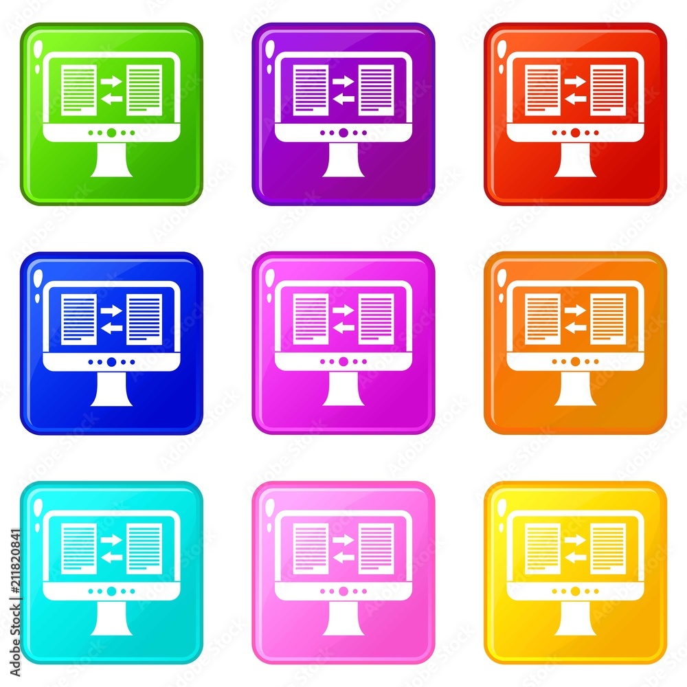 Poster translator app on the screen of computer icons of 9 color set isolated vector illustration
