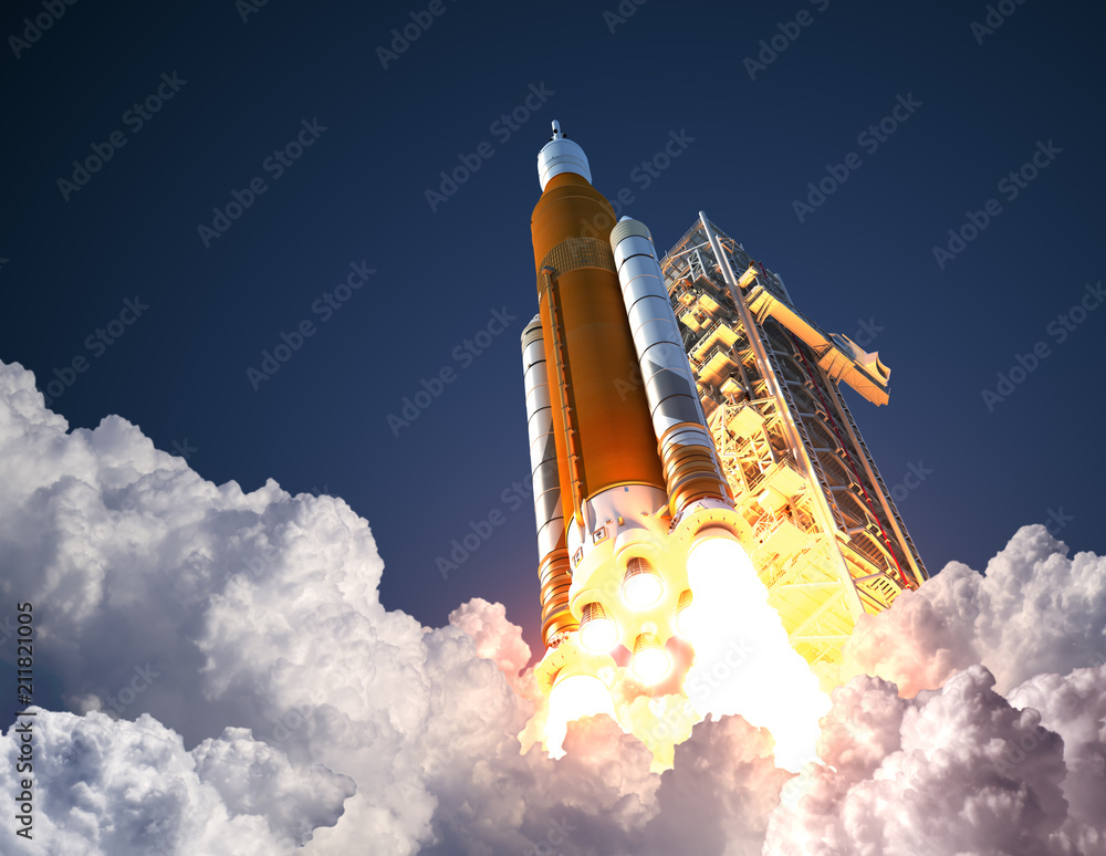 Poster Space Launch System Takes Off. 3D Illustration.