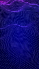 Abstract landscape on a blue background. Cyberspace grid. Hi-tech network, technology. Vertical image orientation. 3D illustration