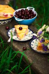 cherry pie with custard in the garden. natural light
