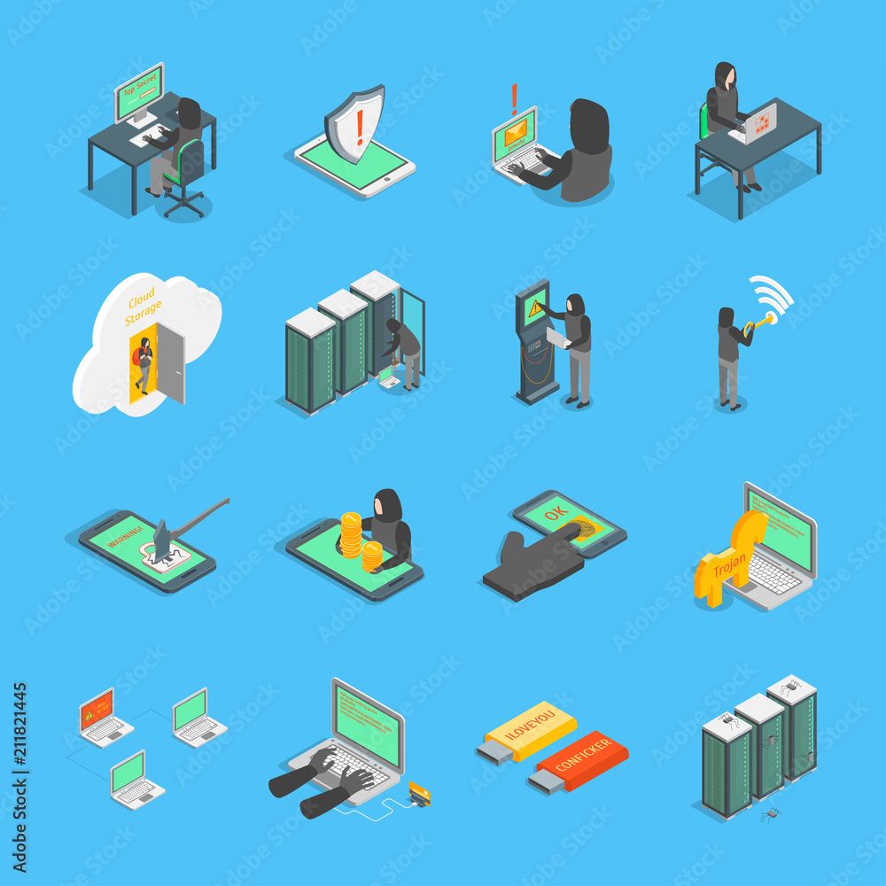 Poster hacker signs 3d icons set isometric view. vector