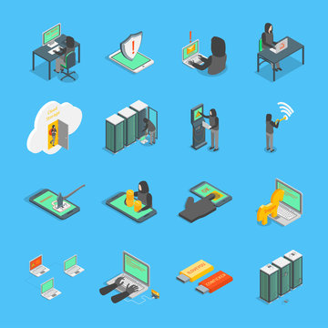 Hacker Signs 3d Icons Set Isometric View. Vector