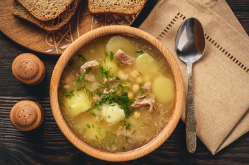 Potato soup with lamb and chickpea.