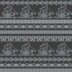 Seamless pattern with ancient greek ships and ornament. Traditional ethnic background. Vintage vector illustration 