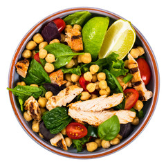 Grilled Chicken Salad with Garbanzo Bean Isolated on white background. Selective focus.