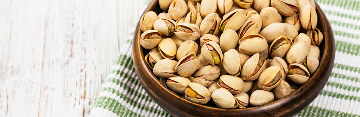 Sea Salt Roasted Pistachios Panoramic image. Selective focus.