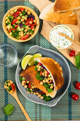 Garbanzo Bean Peas Salad Veggie Pitas. Selective focus.