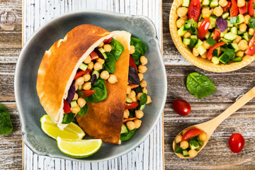 Garbanzo Bean Peas Salad Veggie Pitas. Selective focus.