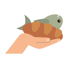 Hand with bread and fish vector illustration graphic design