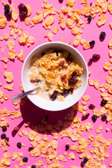 vibrant breakfast concept, milk, cereal, goji berries, healthy diet moring routine, pop concept