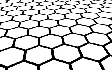 Black honeycomb on a white background. Perspective view on polygon look like honeycomb. Isometric geometry. 3D illustration