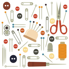 Collection sets of Sewing equipment, dressmaking and needlework accessories . Icons set with needle, tape measure, scissors, buttons, needles, threads, awl, pins, buttons. Fashion industry clothing.