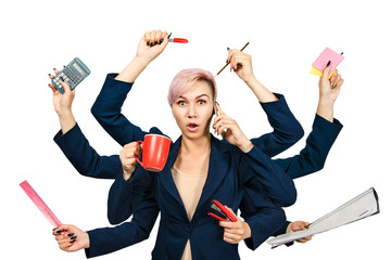 Young girl office manager with nine hands keeps office supplies, isolated on a white background.