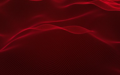 Abstract landscape on a red background. Cyberspace grid. Hi-tech network. 3D illustration