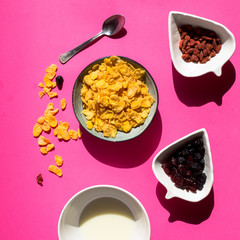 vibrant breakfast concept, milk, cereal, goji berries, healthy diet moring routine, pop concept