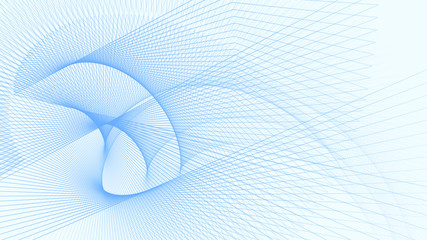 Abstract geometric white background with blue curves and transparent grid. Concept of interaction and technologies orchestration. Digital illustration for your design. Copy space.